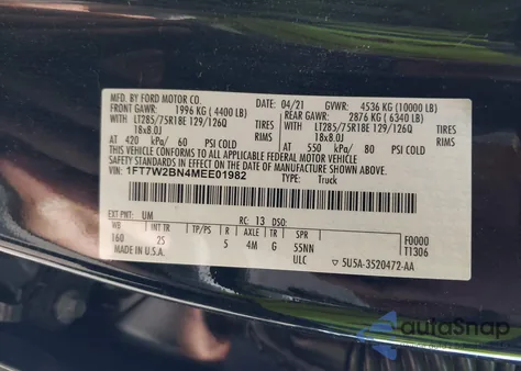 2021 Ford F-250 Xlt z USA, uszkodzony, nr VIN 1FT7W2BN4MEE01982